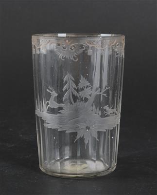 Farbloses Glas mit Jagdszene, - Antiques