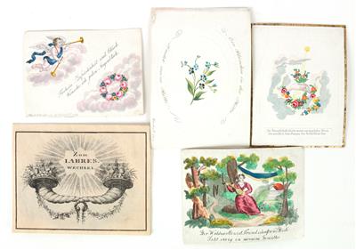 Fünf Biedermeier Freundschafts- und Glückwunschkarten, - Antiques