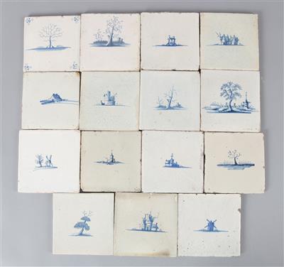 15 Delfter Fliesen mit Häuser-, Windmühlen- bzw. Baum-Motiven, - Summer auction Works of Art