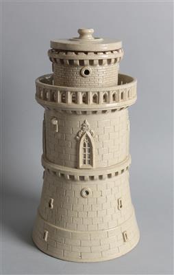 Tabaktopf bzw. Deckelgefäß in Form eines Turms, - Sommerauktion Antiquitäten