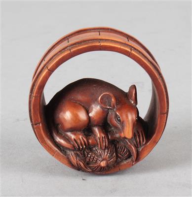 Netsuke einer Ratte auf Maiskolben in Bottich, - Antiquitäten