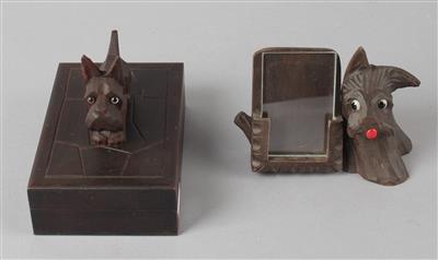 Deckeldose und Ständer mit je einem Terrier, - Works of Art