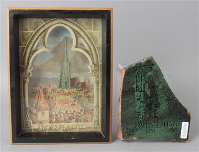 Bruchstück eines Dachziegels des Wiener Stephansdomes und Diorama des Stephansdomes, - Antiquariato