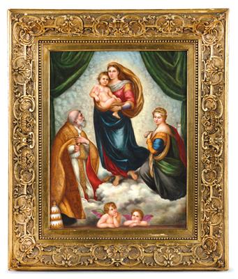 Porzellan-Bild mit der farbig gemalten Darstellung der "Sixtinischen Madonna" nach Raphael, - Starožitnosti