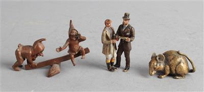3 Wiener Bronzen, Jokey und Gentlemen, zwei Zwerge auf Wippe, Maus, - Antiquariato