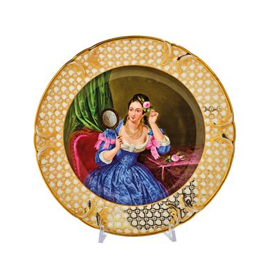 Teller mit schöner Biedermeier-Dame, - Antiquitäten