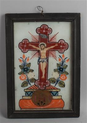 Hinterglasbild, Christus am Kreuz, - Antiques