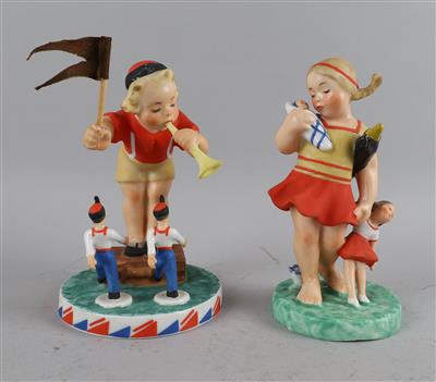 Mädchen mit Puppen, Knabe mit Spielzeugsoldaten, - Antiquariato