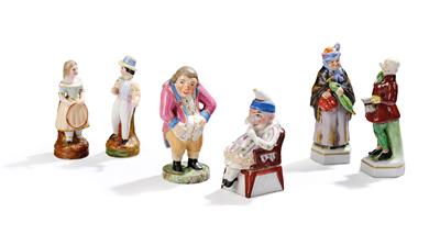 Konvolut von fünf Porzellanfiguren und einer figuralen Dose, - Antiques