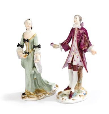 Dame mit Fächer, Kavalier mit Rose, Nymphenburg um 1900, - Antiquitäten