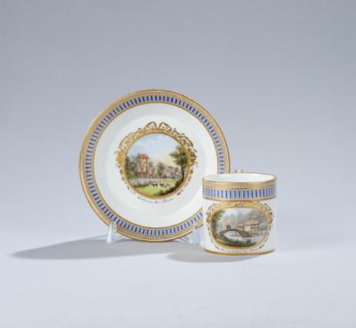 "Der Liebethal bei Pirna" und"Lohmen bei Pirna" Kaffeetasse mit Untertasse, Meißen, Marcolinizeit um 1780, - Antiquitäten