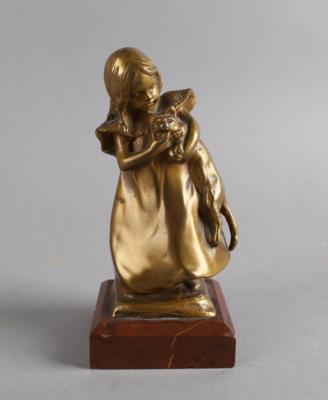 Franz Gruber (Österreich 1878-1945), Mädchen mit Katze aus Bronze, Entwurf: um 1900/15 - Antiquariato