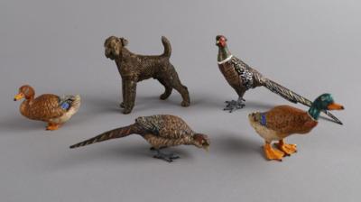 4 Wiener Bronzen Fritz Bermann, 2 Fasane und 2 Enten, dazu Bronze Airedale Terrier, - Antiquariato