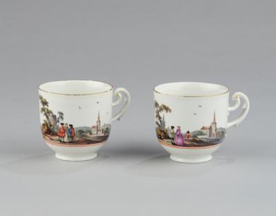 Zwei Tassen mit holländischen Landschaften in der Art Johann Georg Heintze, Meissen Mitte 18. Jh., - Antiquitäten