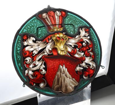 Kleines verbleites Glasbild mit Wappen und Helmzier, - Works of Art