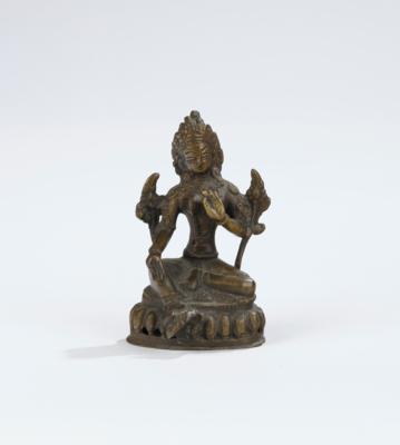 Kleine Bronzefigur der grünen Tara, Tibet, 19./20. Jh., - Antiquitäten