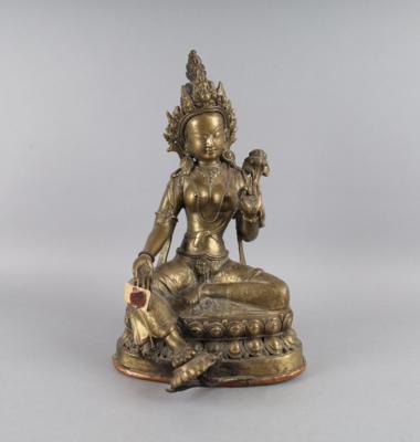Bronzefigur der grünen Tara, Tibet, 20. Jh., - Antiquitäten