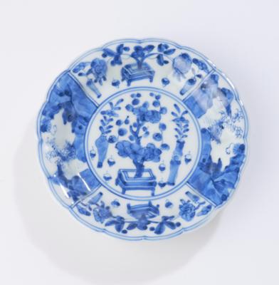 6 kleine blau-weiße Teller, China, Kangxi Periode, unterglasurblaue Symbolmarke, - Antiquariato