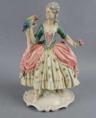 Dame mit Papagei in Rokokokostüm, Porzellanfabrik Karl Ens, Rudolstadt, Volkstedt - Antiquariato