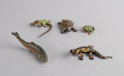 Wiener Bronzen- 4 Reptilien und 1 Forelle, teils gemarkt Bergmann, - Starožitnosti
