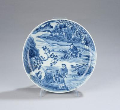Blau-weißer Teller, China, Sechszeichen Marke Kangxi, 18./19. Jh., - Antiquitäten