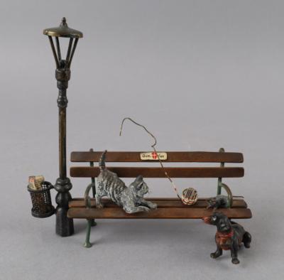 Wiener Bronze - Katze, Maus und Hund mit einer Parkbank, - Antiquitäten