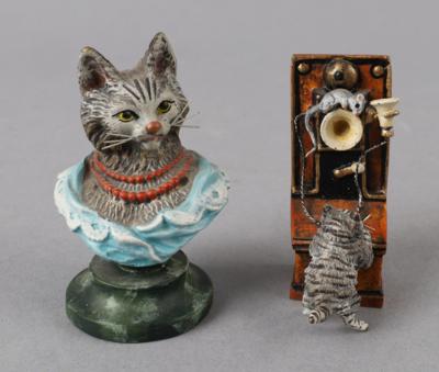 Wiener Bronze - 1 Katze an Telefon, 1 Katzenbüste, - Antiquitäten