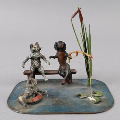Wiener Bronze - Katzen und Hund an Teich, - Works of Art