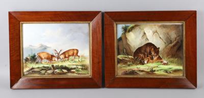 Ein Paar Porzellanbilder mit Tierkampfszenen, signiert H. Fieth - Antiquitäten