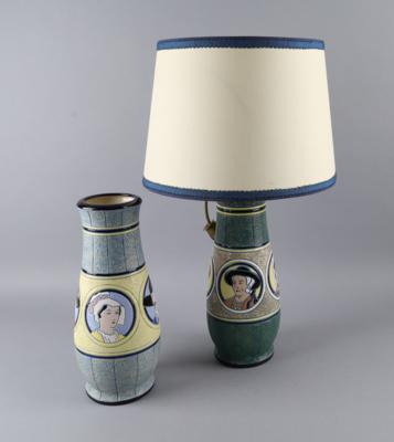 Tischlampe und Vase, Amphora Werke Riessner, Stellmacher  &  Kessel, Czechoslovakia, Turn-Teplitz, um 1918-38 - Antiquariato
