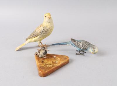 3 Wiener Bronzen-Kanarienvogel, Wellensittich und Spatz, - Antiquariato