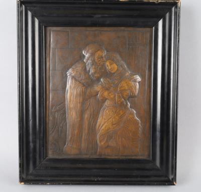 Kupferbild mit älterem Mann mit Schlüssel und einer Dame, signiert Heks, 1924 - Starožitnosti