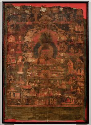 Thangka des Buddha Shakyamuni, umgeben von den 16 Arhats, Tibet, ca. 19. Jh., - Works of Art