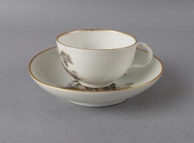 Tasse und Untertasse mit Teniers Szenen, Johann Georg Löhnig zugeschrieben, Meissen 1774-1815 - Antiquariato