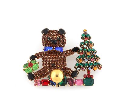 Teddybär mit Weihnachtsbaum Brosche - Vintage móda a doplňky