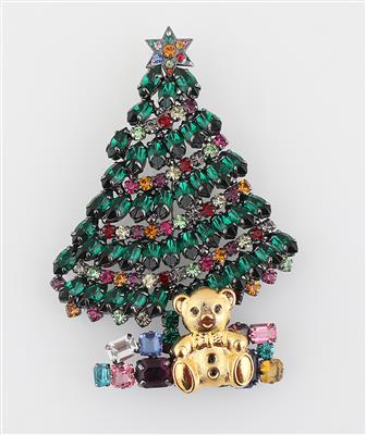 Weihnachtsbaum mit Teddybär-Brosche, - Moda e accessori