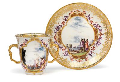 Double-handled cup and saucer, - Glass and porcelain
