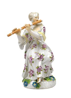 Flute player, seated lady playing traverse flute, - Sklo, Porcelán