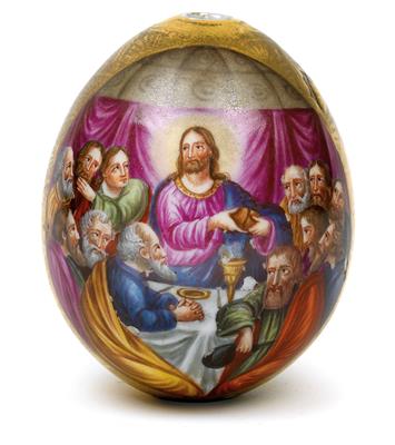 Russian porcelain egg with Jesus at the ‘Last Supper’, - Sklo, Porcelán