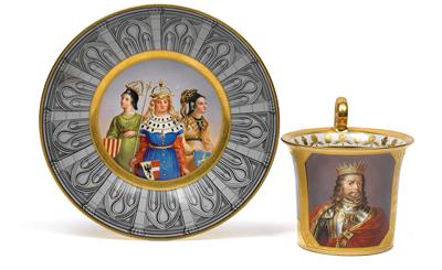 Cup depicting king with saucer depicting 3 queens, - Glass and porcelain