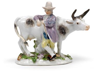 Tyrolean peasant leaning on a cow, holding a stick in his left hand, Tyrolean peasant lady seated on the cow, from which two baskets are hanging, - Sklo, Porcelán