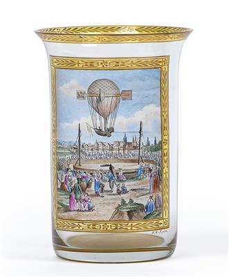 "Luftschiffahrt zu Dijon am 25. April 1784" - Fürchtegott Leberecht Fischer, A veduta cup, - Glass and porcelain