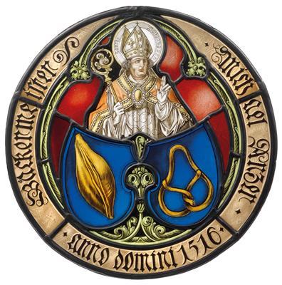 "St. Wolfgang v. P. H." verbleite Glasscheibe, - Glas und Porzellan