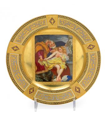 "Susannah at her Bath" - A pictorial plate, - Glass and porcelain