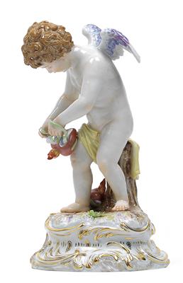 A figure of Cupid binding the blazing heart’s wings, - Glass and porcelain