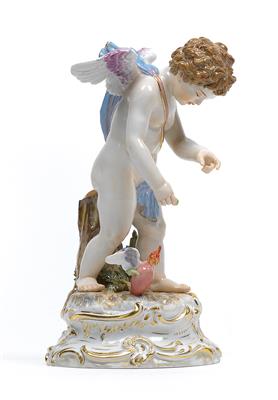 A figure of Cupid leading a blazing heart by a green ribbon, - Glass and porcelain