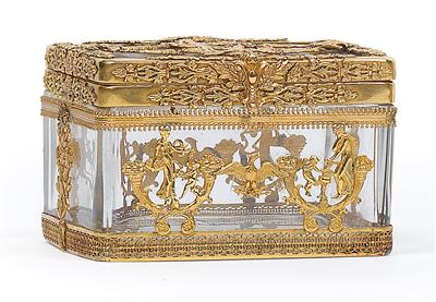 A glass box with gilt mount, - Glass and porcelain