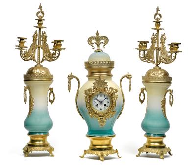 A mantelpiece set with gilt bronze mounts, - Glass and porcelain
