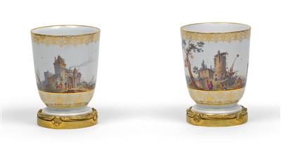 A pair of cups with gilt bronze mounts, - Glass and porcelain