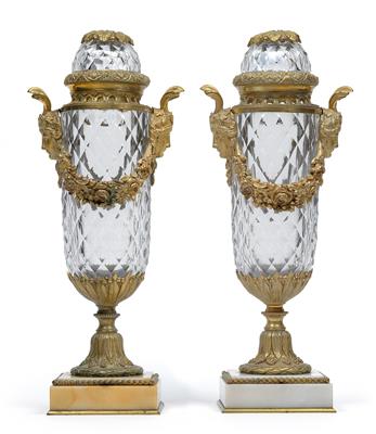 A pair of lidded vases with gilt bronze mount, - Glass and porcelain
